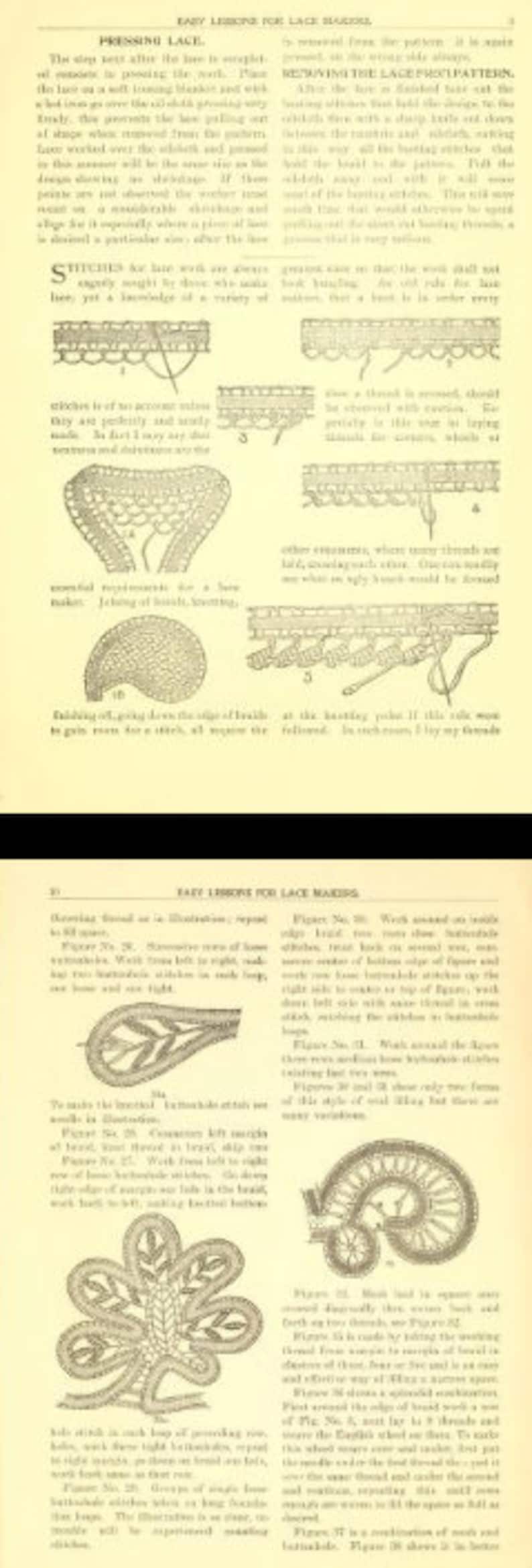 K&ouml;nnte beinhalten: Eine Vintage-Buchseite mit Illustrationen und Text &uuml;ber die Herstellung von Spitze. Die Seite enth&auml;lt Anweisungen, wie man verschiedene Stiche und Muster herstellt, mit Diagrammen, die die beteiligten Schritte zeigen. Der Text behandelt das Pressen von Spitze, das Herstellen von Stichen und das Erstellen eines Spitzenmusters.