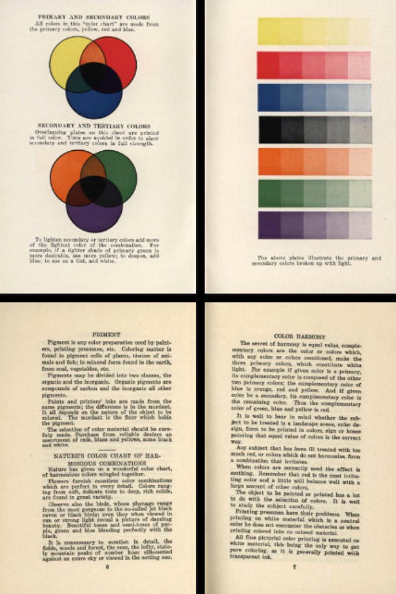 Peut inclure: Une illustration vintage des couleurs primaires et secondaires, avec un cercle chromatique montrant la relation entre les couleurs. Le texte explique le concept d'harmonie des couleurs et comment utiliser les couleurs compl&eacute;mentaires.