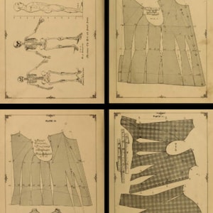 K&ouml;nnte beinhalten: Vier Seiten aus einem alten Buch mit Diagrammen zum N&auml;hen eines Kleidungsst&uuml;cks. Die erste Seite zeigt ein Skelett und zwei Figuren mit Ma&szlig;en. Die zweite Seite zeigt ein Schnittmuster f&uuml;r Vorder- und R&uuml;ckseite eines Kleidungsst&uuml;cks. Die dritte Seite zeigt ein Schnittmuster f&uuml;r Vorder- und R&uuml;ckseite eines Kleidungsst&uuml;cks mit zwei kleineren Diagrammen des fertigen Kleidungsst&uuml;cks. Die vierte Seite zeigt ein Schnittmuster f&uuml;r ein Kleidungsst&uuml;ck mit Karomuster.