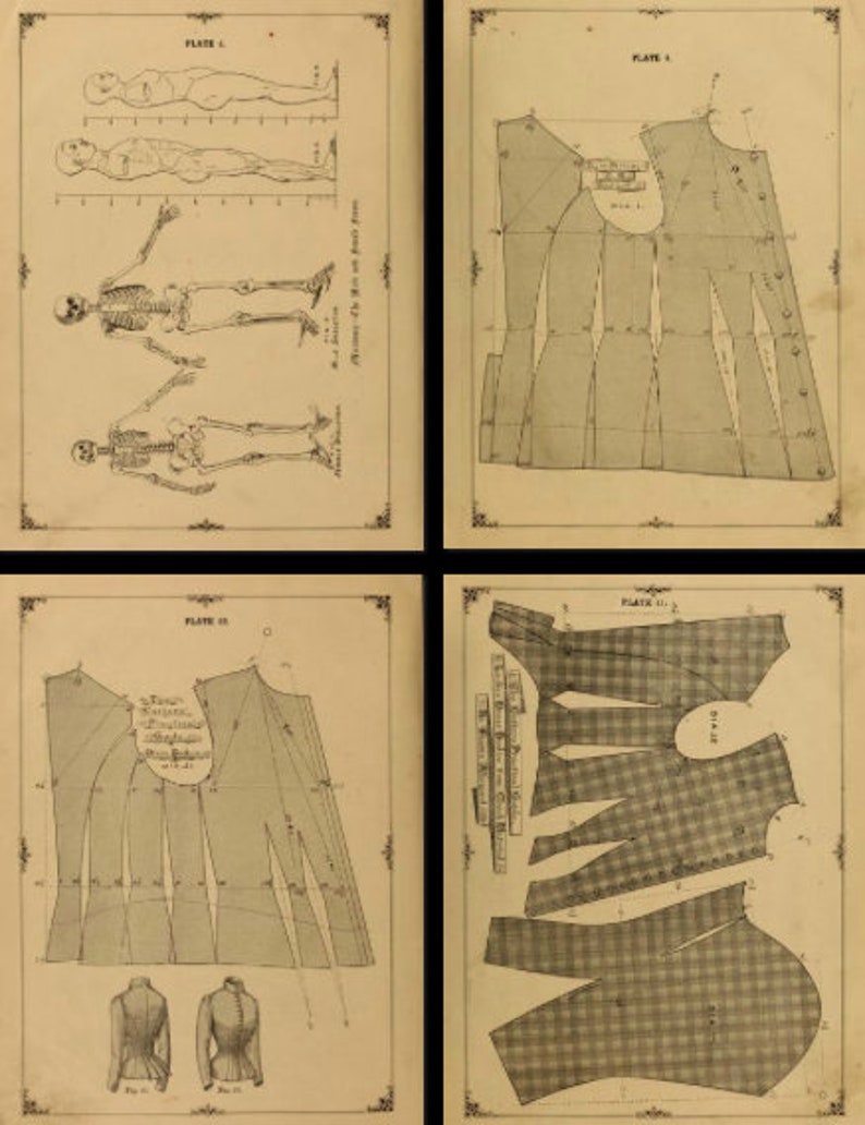 K&ouml;nnte beinhalten: Vier Seiten aus einem alten Buch mit Diagrammen zum N&auml;hen eines Kleidungsst&uuml;cks. Die erste Seite zeigt ein Skelett und zwei Figuren mit Ma&szlig;en. Die zweite Seite zeigt ein Schnittmuster f&uuml;r Vorder- und R&uuml;ckseite eines Kleidungsst&uuml;cks. Die dritte Seite zeigt ein Schnittmuster f&uuml;r Vorder- und R&uuml;ckseite eines Kleidungsst&uuml;cks mit zwei kleineren Diagrammen des fertigen Kleidungsst&uuml;cks. Die vierte Seite zeigt ein Schnittmuster f&uuml;r ein Kleidungsst&uuml;ck mit Karomuster.