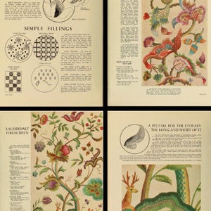 Puede incluir: Una gu&iacute;a de bordado vintage con ilustraciones de dise&ntilde;os florales, incluyendo una imagen detallada de un dise&ntilde;o "Rutland" con una variedad de colores y texturas. La gu&iacute;a tambi&eacute;n incluye instrucciones para rellenos de bordado simples y un primer plano de un dise&ntilde;o "Lauderdale" con un ciervo y motivos florales.