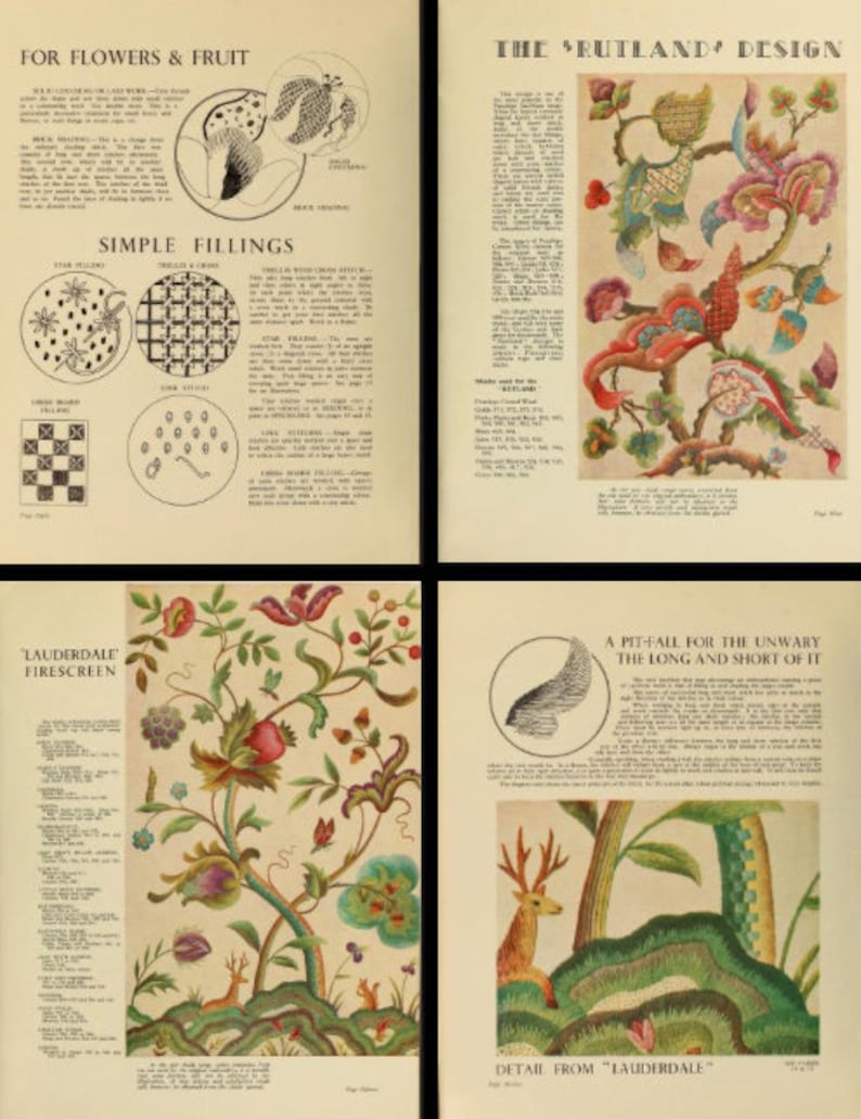 Puede incluir: Una gu&iacute;a de bordado vintage con ilustraciones de dise&ntilde;os florales, incluyendo una imagen detallada de un dise&ntilde;o "Rutland" con una variedad de colores y texturas. La gu&iacute;a tambi&eacute;n incluye instrucciones para rellenos de bordado simples y un primer plano de un dise&ntilde;o "Lauderdale" con un ciervo y motivos florales.