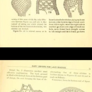 K&ouml;nnte beinhalten: Eine Seite aus einem alten Buch mit Schwarzwei&szlig;illustrationen von Spitzenmustern. Der Text auf der Seite lautet "Easy Lessons for Lace Makers".