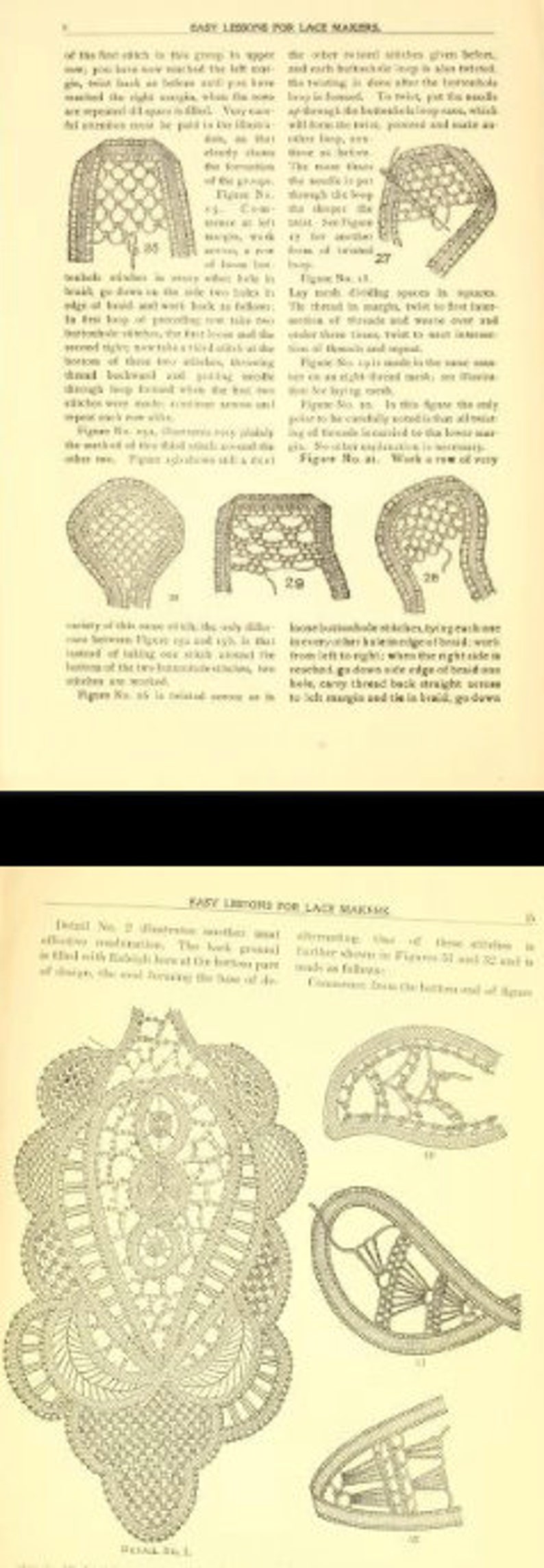 K&ouml;nnte beinhalten: Eine Seite aus einem alten Buch mit Schwarzwei&szlig;illustrationen von Spitzenmustern. Der Text auf der Seite lautet "Easy Lessons for Lace Makers".