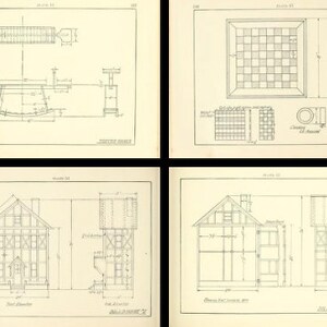May include: A collection of four technical architectural drawings on off-white paper. The diagrams display detailed blueprints for a teeter-totter, a checkerboard, and two views of a dollhouse, all featuring precise measurements in inches and labels.