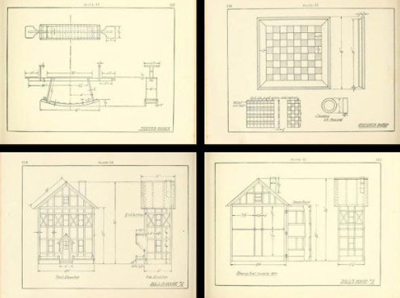 May include: A collection of four technical architectural drawings on off-white paper. The diagrams display detailed blueprints for a teeter-totter, a checkerboard, and two views of a dollhouse, all featuring precise measurements in inches and labels.