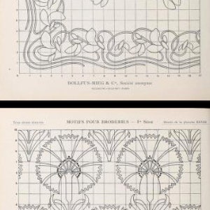 May include: Two vintage embroidery pattern sheets featuring black line drawings on a white grid. The top sheet displays floral corner motifs, while the bottom sheet shows repeating carnation designs. Both are labeled MOTIFS POUR BRODERIES.