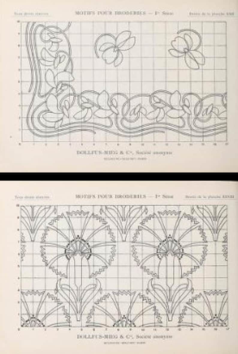 May include: Two vintage embroidery pattern sheets featuring black line drawings on a white grid. The top sheet displays floral corner motifs, while the bottom sheet shows repeating carnation designs. Both are labeled MOTIFS POUR BRODERIES.