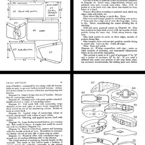 May include: A diagram showing how to make a wallet with a large back pocket. The diagram includes measurements in inches. The text describes the process of cutting, stitching, and gluing the leather pieces together.