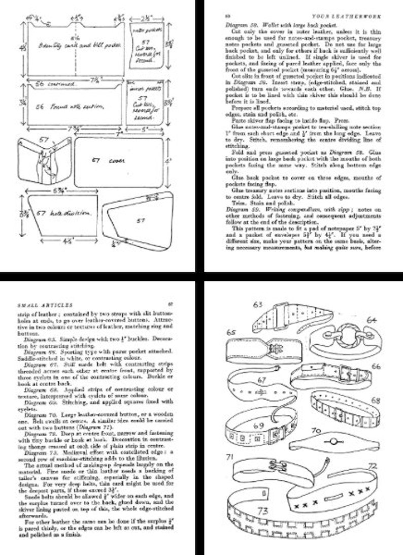 May include: A diagram showing how to make a wallet with a large back pocket. The diagram includes measurements in inches. The text describes the process of cutting, stitching, and gluing the leather pieces together.
