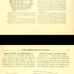 K&ouml;nnte beinhalten: Eine Vintage-Buchseite mit Illustrationen und Text &uuml;ber die Techniken der Spitzenherstellung. Die Seite zeigt verschiedene Arten von Spitzen-Stichen, darunter Single Point de Bretagne und Double Point de Bretagne. Der Text beschreibt die Schritte, die bei der Erstellung jedes Stiches erforderlich sind.