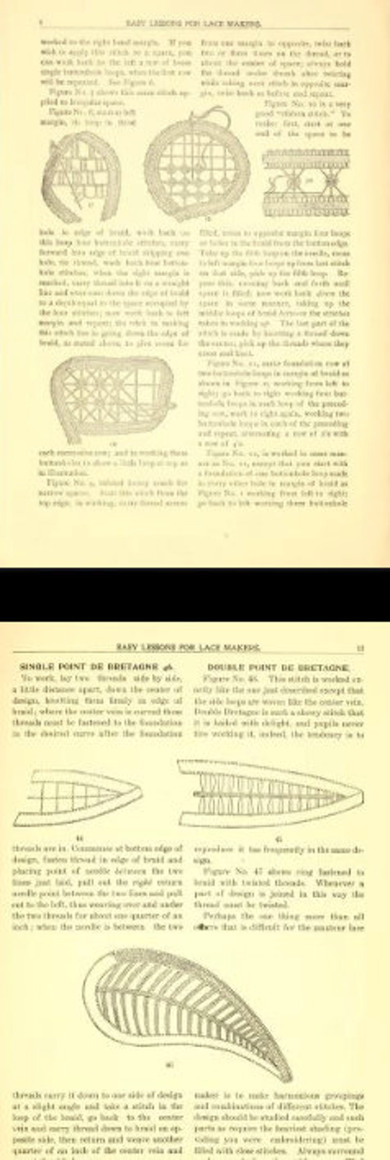K&ouml;nnte beinhalten: Eine Vintage-Buchseite mit Illustrationen und Text &uuml;ber die Techniken der Spitzenherstellung. Die Seite zeigt verschiedene Arten von Spitzen-Stichen, darunter Single Point de Bretagne und Double Point de Bretagne. Der Text beschreibt die Schritte, die bei der Erstellung jedes Stiches erforderlich sind.