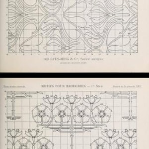 May include: Two vintage embroidery pattern sheets featuring black line art on a grid. The top sheet shows flowing organic leaf motifs, while the bottom displays stylized floral arrangements. Both include the text MOTIFS POUR BRODERIES.