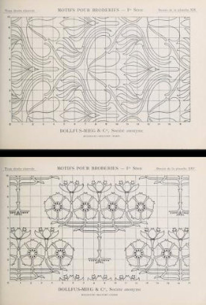 May include: Two vintage embroidery pattern sheets featuring black line art on a grid. The top sheet shows flowing organic leaf motifs, while the bottom displays stylized floral arrangements. Both include the text MOTIFS POUR BRODERIES.