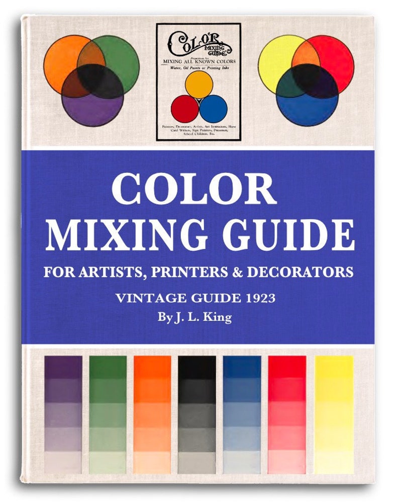 Peut inclure: Couverture d'un livre vintage intitul&eacute; "Color Mixing Guide" pour les artistes, les imprimeurs et les d&eacute;corateurs. La couverture pr&eacute;sente un fond bleu avec du texte blanc et un diagramme de roue chromatique. Le livre a &eacute;t&eacute; publi&eacute; en 1923 par J. L. King.