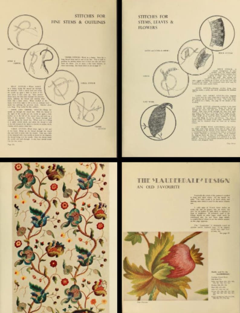 Puede incluir: Una gu&iacute;a de bordado vintage con ilustraciones de diferentes puntadas para tallos finos, contornos, hojas y flores. La gu&iacute;a incluye una descripci&oacute;n detallada de cada puntada y un dise&ntilde;o de muestra llamado "The Lauderdale Design, An Old Favourite".