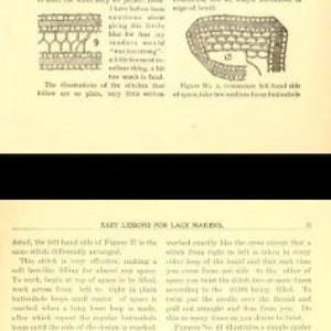 K&ouml;nnte beinhalten: Eine Vintage-Buchseite mit Schwarzwei&szlig;illustrationen von Spitzenmustern. Der Text auf der Seite lautet "Easy Lessons for Lace Makers".