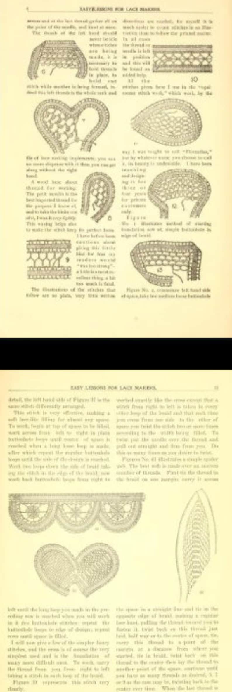 K&ouml;nnte beinhalten: Eine Vintage-Buchseite mit Schwarzwei&szlig;illustrationen von Spitzenmustern. Der Text auf der Seite lautet "Easy Lessons for Lace Makers".