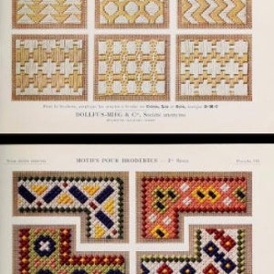 May include: Two vintage embroidery pattern plates featuring geometric needlepoint designs. The top plate displays six square motifs in yellow and white. The bottom plate shows four L-shaped border patterns in red, blue, yellow, and green.