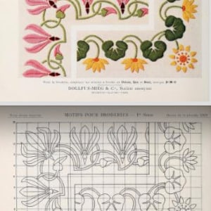 May include: A vintage embroidery pattern sheet titled MOTIFS POUR BRODERIES featuring two sections: a colored illustration of pink cyclamen and yellow flowers with green leaves, and a corresponding black and white grid template by DOLLFUS-MIEG & Cie.
