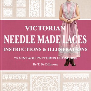 May include: A book cover titled Victorian Needle Made Laces Instructions & Illustrations 70 Vintage Patterns From 1890 By T. De Dillmont. The cover features a person in a pink dress and white lace, surrounded by white lace pattern samples.