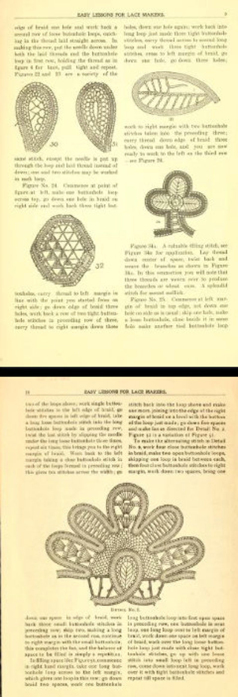 K&ouml;nnte beinhalten: Eine Vintage-Buchseite mit Schwarzwei&szlig;illustrationen von Spitzenmustern. Die Seite enth&auml;lt Anweisungen zum Spitzenkl&ouml;ppeln mit Text, der die Schritte und Techniken beschreibt. Der Titel der Seite lautet "Baby Lessons for Lace Making".