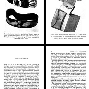 May include: Two images of leather goods. The first image shows a brown leather belt with a decorative buckle and a brown leather band with a decorative design. The second image shows a brown leather wallet with a flap closure and a brown leather pocket.