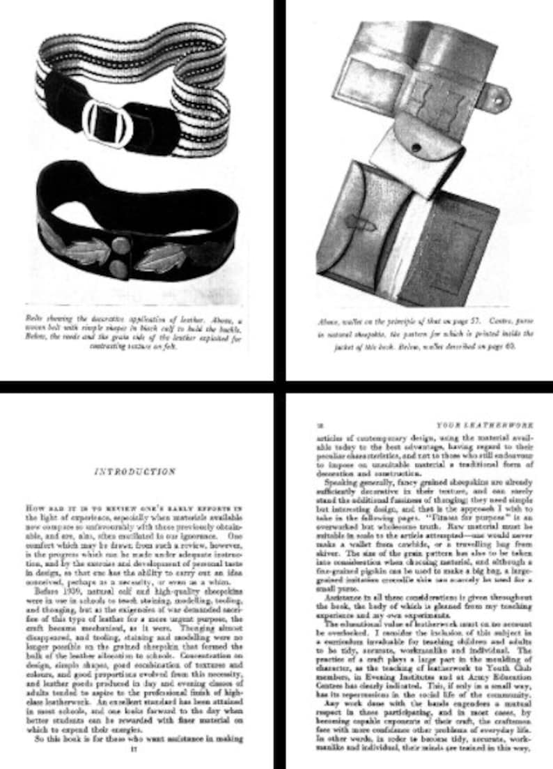 May include: Two images of leather goods. The first image shows a brown leather belt with a decorative buckle and a brown leather band with a decorative design. The second image shows a brown leather wallet with a flap closure and a brown leather pocket.