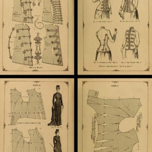 K&ouml;nnte beinhalten: Vier Seiten aus einem Vintage-N&auml;hmusterbuch mit Diagrammen einer Jacke und eines Kleides mit Anweisungen und Ma&szlig;en. Die Seiten sind mit "Tafel 8", "Tafel 7", "Tafel 10" und "Tafel 11" beschriftet.