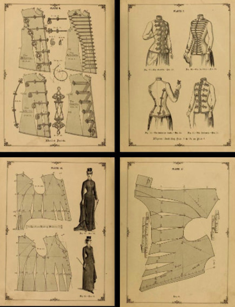 K&ouml;nnte beinhalten: Vier Seiten aus einem Vintage-N&auml;hmusterbuch mit Diagrammen einer Jacke und eines Kleides mit Anweisungen und Ma&szlig;en. Die Seiten sind mit "Tafel 8", "Tafel 7", "Tafel 10" und "Tafel 11" beschriftet.