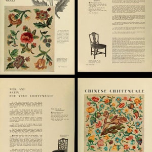 Puede incluir: Un libro vintage con cuatro p&aacute;ginas que muestran diferentes tipos de dise&ntilde;os de bordado. Los dise&ntilde;os incluyen patrones florales, un p&aacute;jaro y un estilo chino Chippendale. El libro tambi&eacute;n incluye texto sobre los dise&ntilde;os y la historia del bordado.