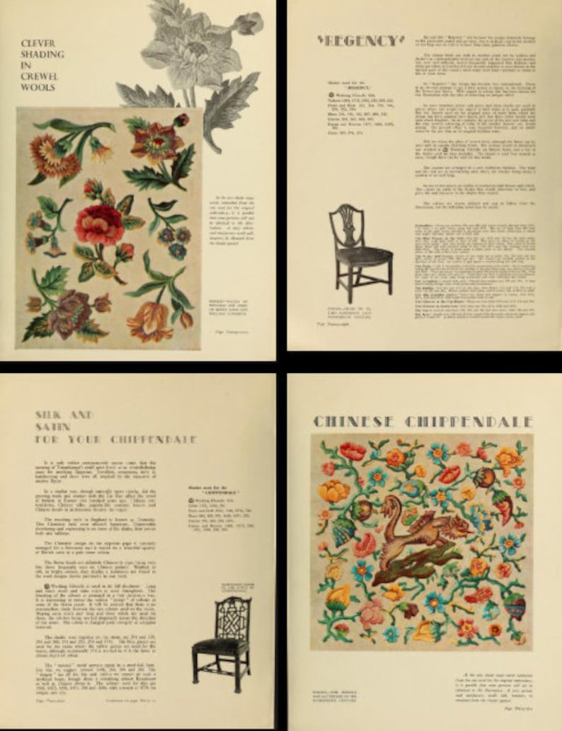 Puede incluir: Un libro vintage con cuatro p&aacute;ginas que muestran diferentes tipos de dise&ntilde;os de bordado. Los dise&ntilde;os incluyen patrones florales, un p&aacute;jaro y un estilo chino Chippendale. El libro tambi&eacute;n incluye texto sobre los dise&ntilde;os y la historia del bordado.