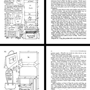 May include: A vintage illustration of a leather bag pattern with detailed instructions for sewing and assembling the bag. The illustration includes measurements in inches and shows the different parts of the bag, such as the flap, gussets, and pockets.