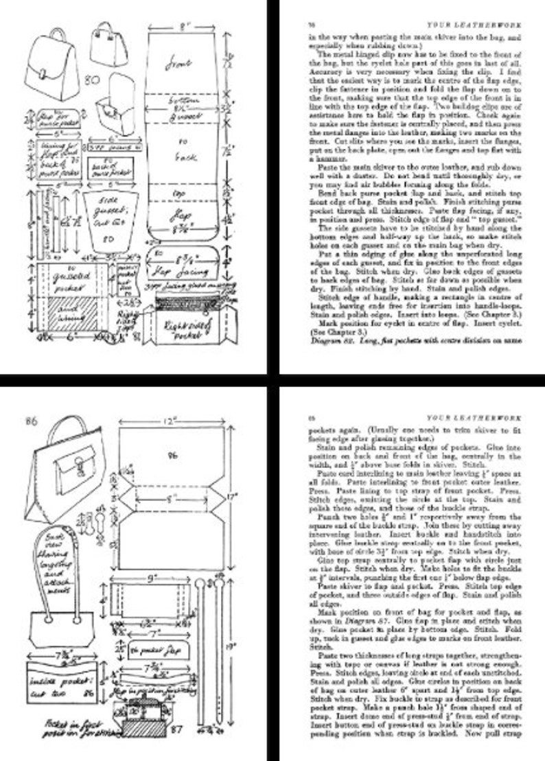 May include: A vintage illustration of a leather bag pattern with detailed instructions for sewing and assembling the bag. The illustration includes measurements in inches and shows the different parts of the bag, such as the flap, gussets, and pockets.