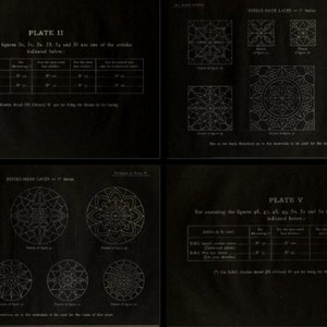 May include: A black page featuring white line drawings of needle-made lace patterns labeled Plate II and Plate V. The document includes tables listing D.M.C. thread requirements for various figures, alongside intricate geometric lace designs.