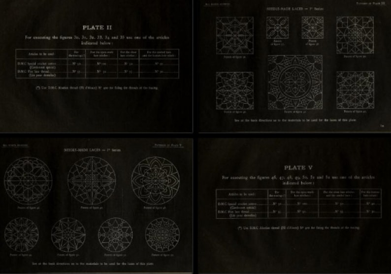 May include: A black page featuring white line drawings of needle-made lace patterns labeled Plate II and Plate V. The document includes tables listing D.M.C. thread requirements for various figures, alongside intricate geometric lace designs.