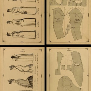 K&ouml;nnte beinhalten: Vier Seiten mit Vintage-Schnittmustern f&uuml;r Damenbekleidung. Die Muster enthalten Anleitungen und Diagramme f&uuml;r ein Kleid, eine Jacke und einen Rock. Die Muster sind auf Papier mit hellbraunem Hintergrund gedruckt.