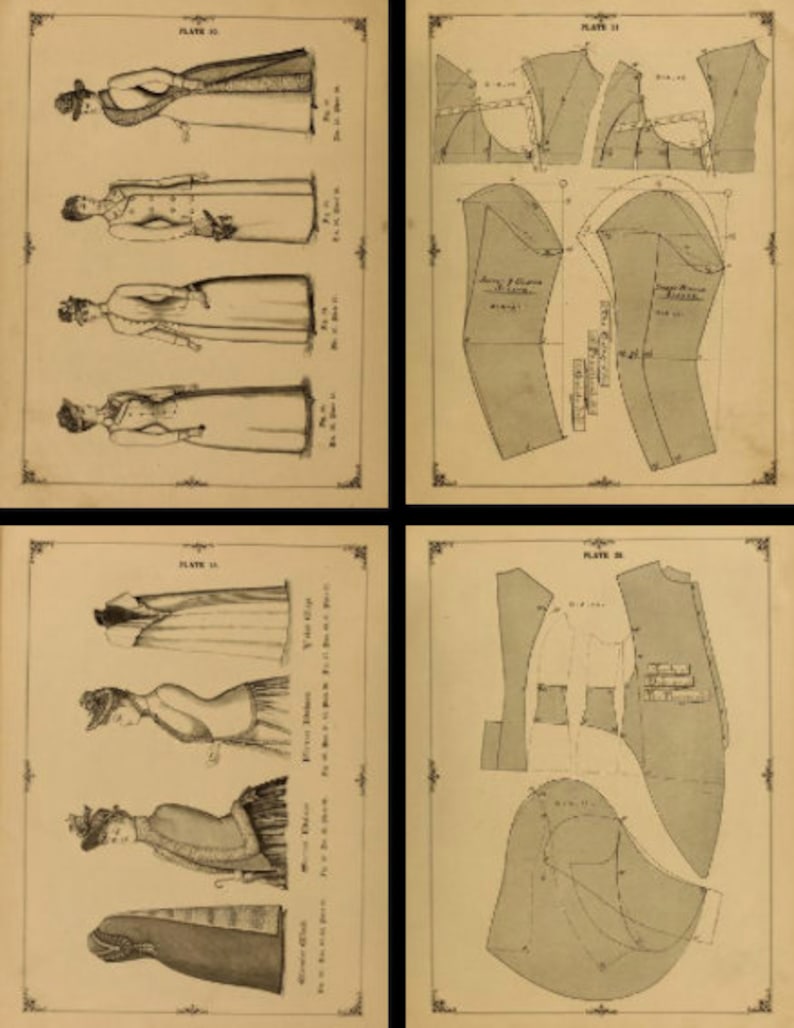 K&ouml;nnte beinhalten: Vier Seiten mit Vintage-Schnittmustern f&uuml;r Damenbekleidung. Die Muster enthalten Anleitungen und Diagramme f&uuml;r ein Kleid, eine Jacke und einen Rock. Die Muster sind auf Papier mit hellbraunem Hintergrund gedruckt.