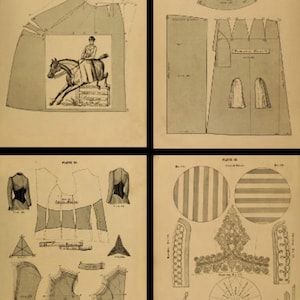 K&ouml;nnte beinhalten: Vier Seiten mit Vintage-Schnittmustern f&uuml;r Kleidung und Accessoires. Die Muster umfassen ein Reitkost&uuml;m, einen Rock, eine Jacke und einen Hut.