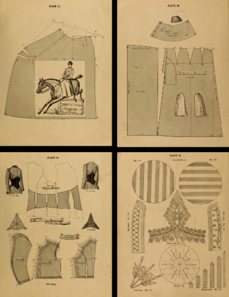K&ouml;nnte beinhalten: Vier Seiten mit Vintage-Schnittmustern f&uuml;r Kleidung und Accessoires. Die Muster umfassen ein Reitkost&uuml;m, einen Rock, eine Jacke und einen Hut.