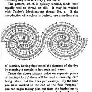 Puede incluir: Un diagrama en blanco y negro de un patr&oacute;n para un adorno de vestido. El patr&oacute;n est&aacute; formado por c&iacute;rculos conc&eacute;ntricos y l&iacute;neas. El diagrama est&aacute; etiquetado como "ABC".