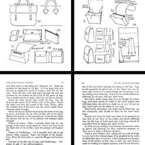 May include: A black and white illustration of a leatherworking guide with diagrams and instructions for making a bag, purse, or wallet. The guide includes instructions for making a handle loop, a button fixture, and a dome.