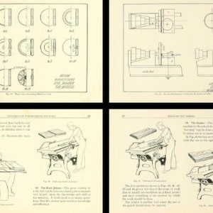 May include: A four-panel technical illustration page featuring black and white line drawings of woodworking machinery, including circular saws and jointers, with detailed diagrams of wheel attachments and descriptive text in English.
