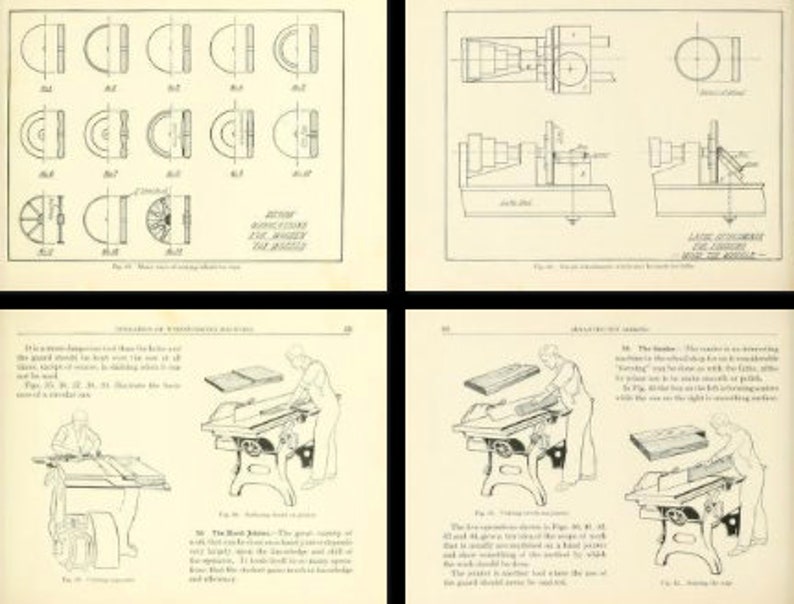 May include: A four-panel technical illustration page featuring black and white line drawings of woodworking machinery, including circular saws and jointers, with detailed diagrams of wheel attachments and descriptive text in English.