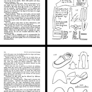 May include: A black and white illustration of a leather glove pattern with instructions on how to sew the glove. The illustration includes diagrams of the different parts of the glove, such as the thumb, fingers, and fourchettes.
