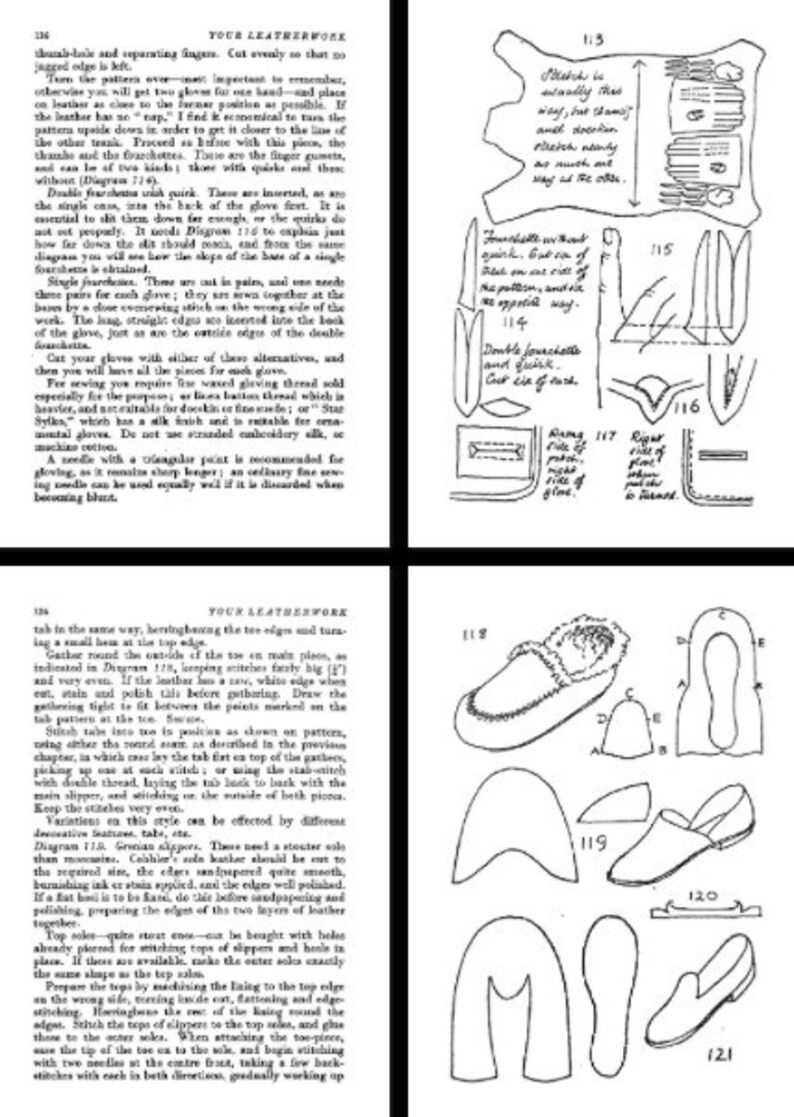 May include: A black and white illustration of a leather glove pattern with instructions on how to sew the glove. The illustration includes diagrams of the different parts of the glove, such as the thumb, fingers, and fourchettes.