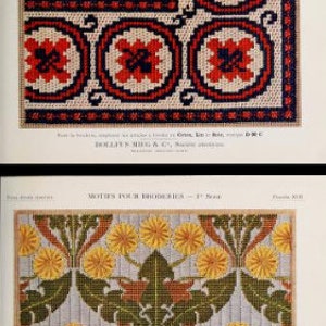 May include: Two vintage embroidery pattern plates titled MOTIFS POUR BRODERIES. The top plate features red and navy geometric circular designs on a cream grid. The bottom plate displays yellow dandelion-like flowers and green leaves.
