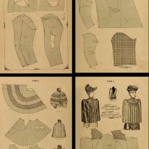 K&ouml;nnte beinhalten: Vier Seiten aus einem Vintage-N&auml;hmusterbuch mit Illustrationen verschiedener Kleidungsmuster. Die Muster umfassen einen Umhang, eine Jacke und ein Kleid. Das Buch ist auf hellbraunes Papier gedruckt.
