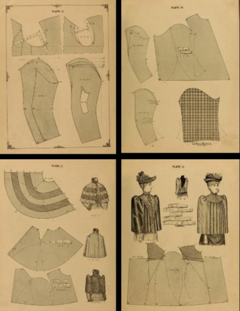 K&ouml;nnte beinhalten: Vier Seiten aus einem Vintage-N&auml;hmusterbuch mit Illustrationen verschiedener Kleidungsmuster. Die Muster umfassen einen Umhang, eine Jacke und ein Kleid. Das Buch ist auf hellbraunes Papier gedruckt.