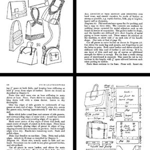 May include: A black and white line drawing of various leather bag designs. The image includes instructions for making a leather bag with a flap closure, a handle, and a strap. The text in the image reads "Chapter Six: Travelling Equipment".